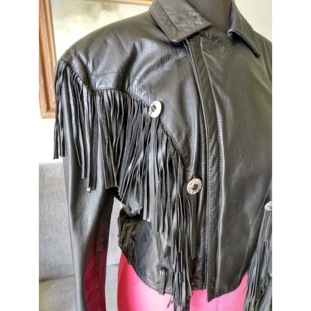 Womans Black Leather Biker Motorcycle Jacket Sz Med Excellent Vtg Fringe Short